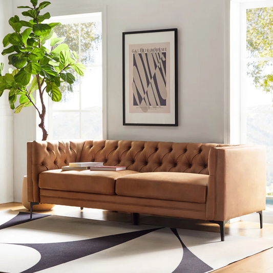 Contemporary Light Brown 3 Seater Sofa, angled view in a model home.
