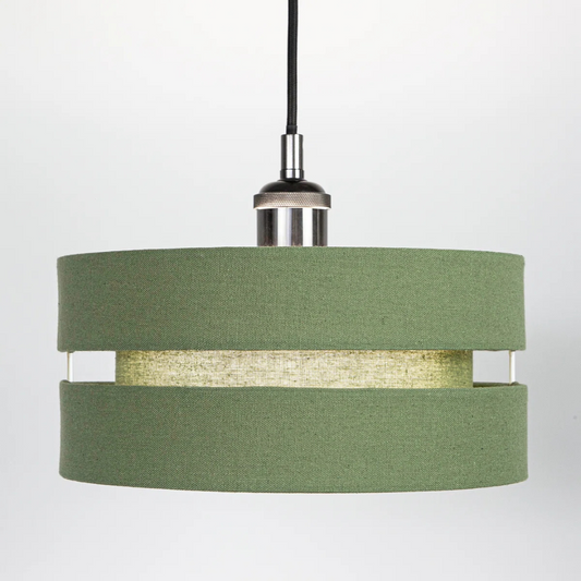 Green pendant lamp with a textured band on a white background
