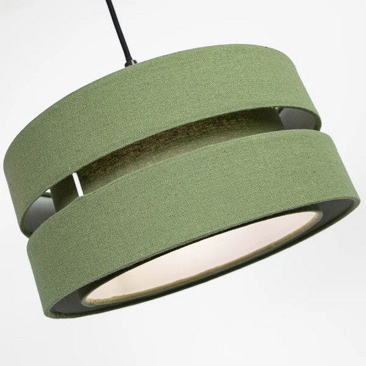 Green pendant lamp with a white interior on a light gray background