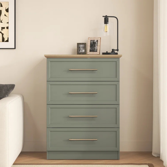 Contemporary Sage Green Chest Of Drawers, front view, set in a modern home.