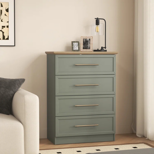 Contemporary Sage Green Chest Of Drawers, angled view, set in a modern home.