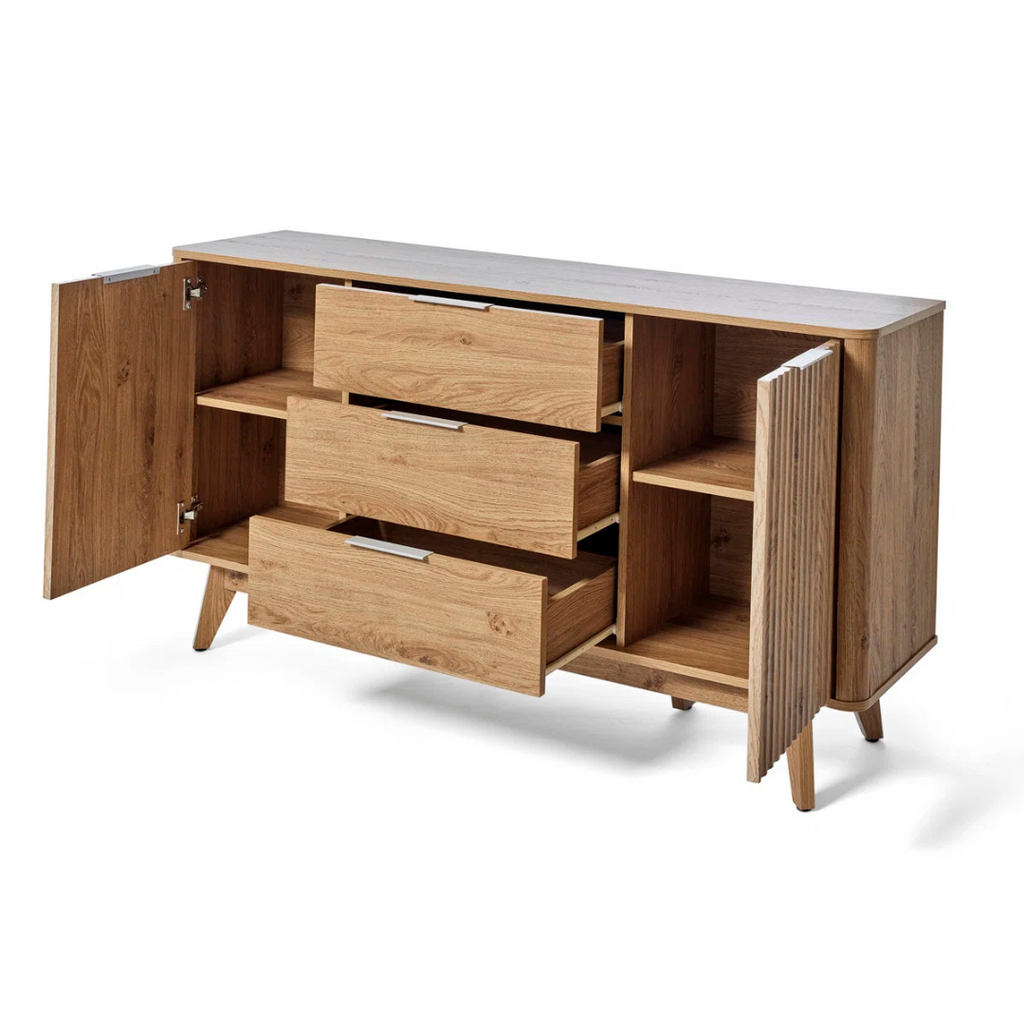 Contemporary Sideboard With Storage, white background, with all doors and drawers open.