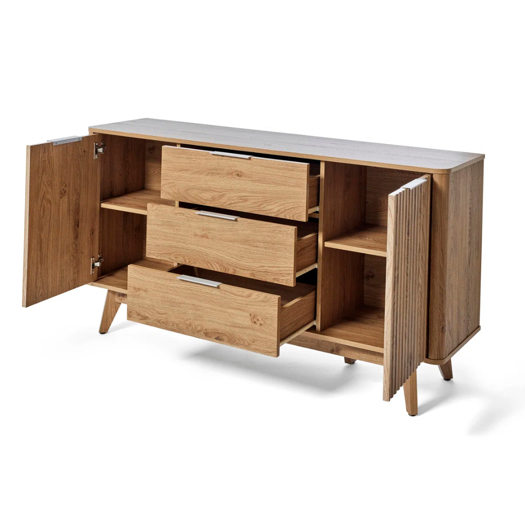 Contemporary Sideboard With Storage, white background, with all doors and drawers open.