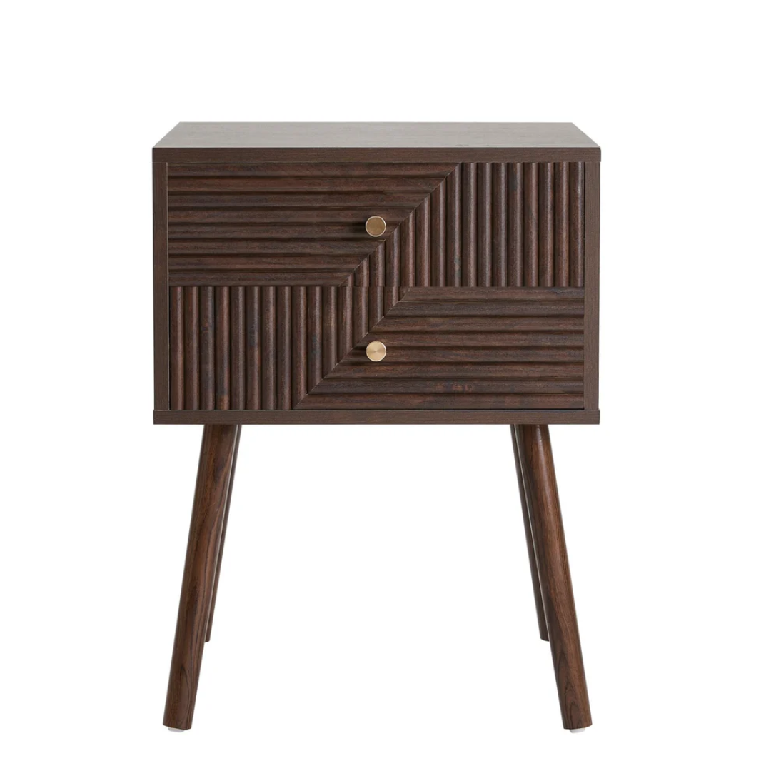 Wooden side table with geometric design on a white background
