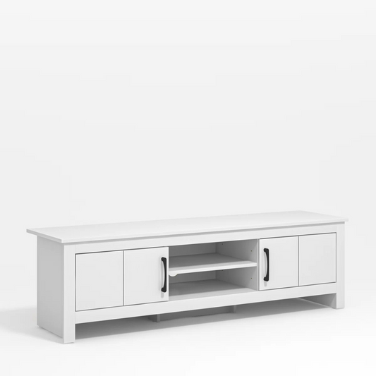 Contemporary White TV Unit, white background, angled view.