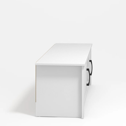 Contemporary White TV Unit, white background, side view.