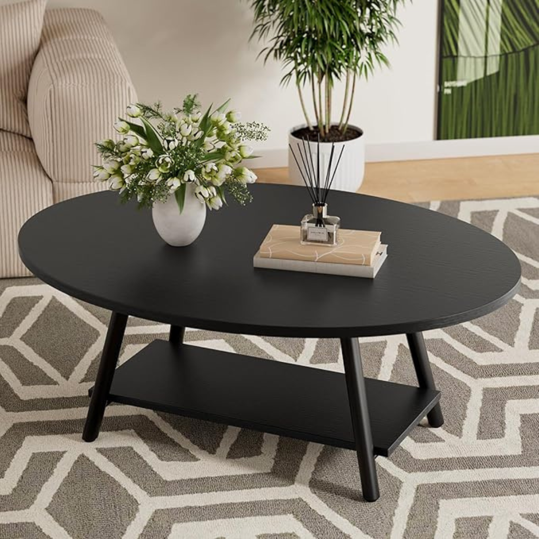 Contemporary Wooden Coffee Table, black in a modern living space.