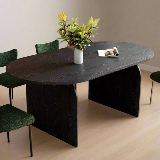 Contemporary Wooden Oval Dining Table set in a model dining room.
