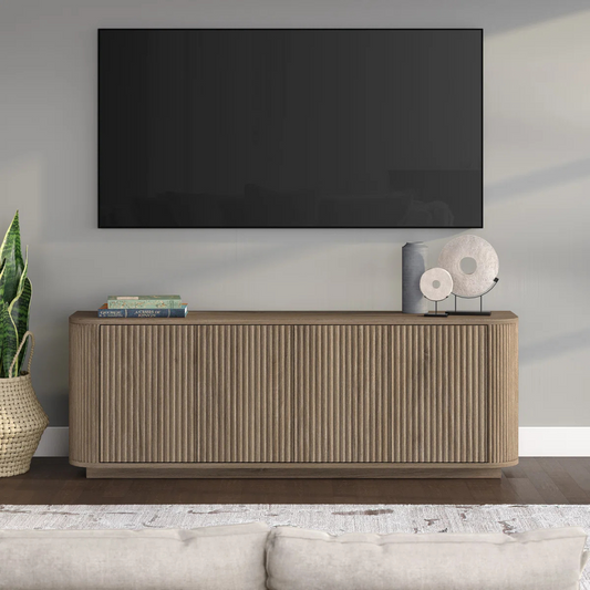 Contemporary Wooden TV Stand With Storage, set in a modern home, with tv, front view.