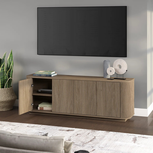 Contemporary Wooden TV Stand With Storage, set in a modern home, with tv, angled view, with stand door open.