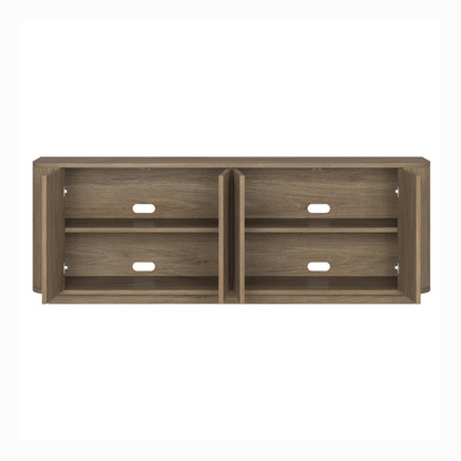 Contemporary Wooden TV Stand With Storage, White back ground, with all doors open.