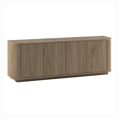 Contemporary Wooden TV Stand With Storage, White back ground, angled view.