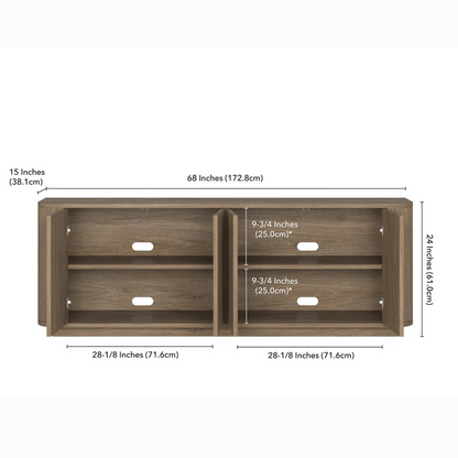 Contemporary Wooden TV Stand With Storage, White back ground, dimensions.