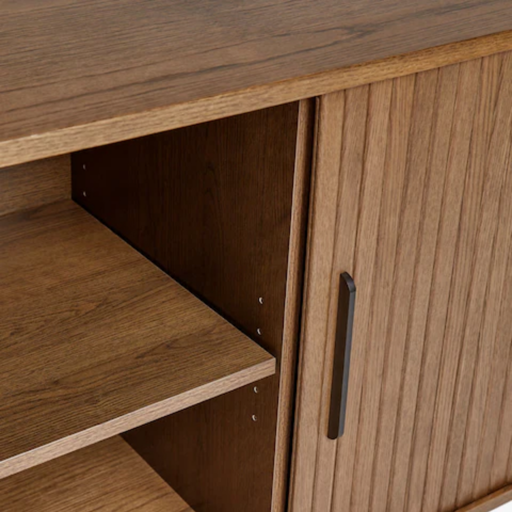 Wooden cabinet with open door and shelf