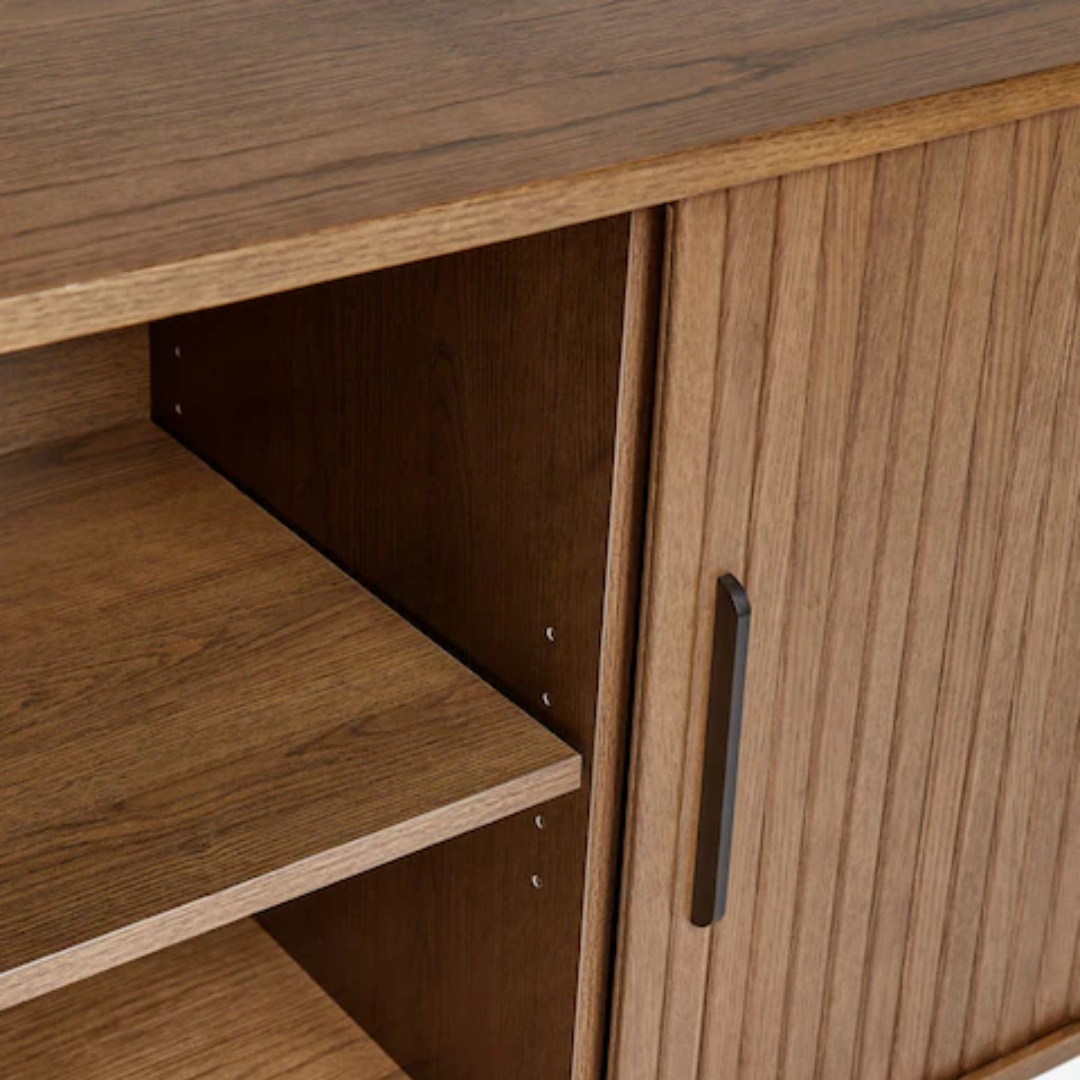 Wooden cabinet with open door and shelf