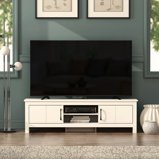 Contemporary White TV Unit, set in a mid century modern home, with tv on the unit.
