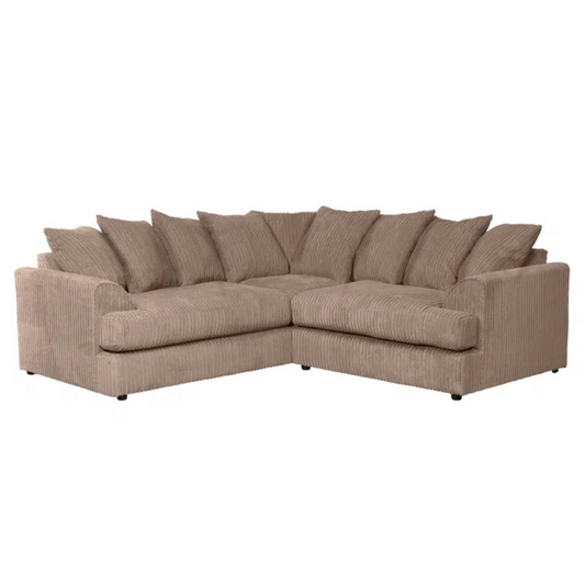 Cord Fabric Coffee Brown L Shape Sofa, white background, front view.