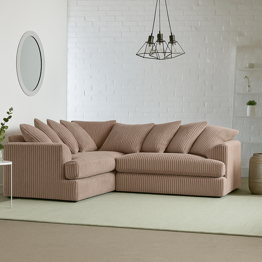 Cord Fabric Coffee Brown L Shape Sofa, set in a modern home.