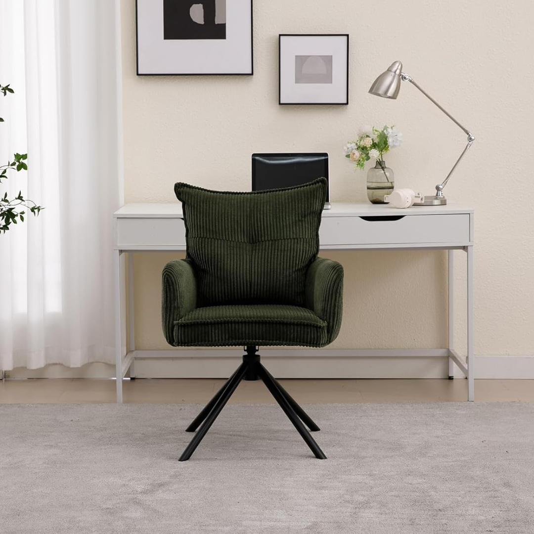 green corduroy swivel desk chair without wheels in home office, front view