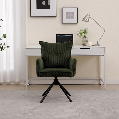 green corduroy swivel desk chair without wheels in home office, front view