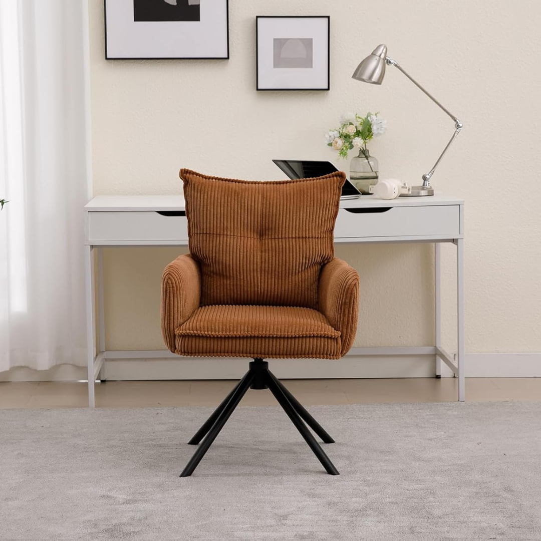 brown corduroy swivel desk chair without wheels in home office
