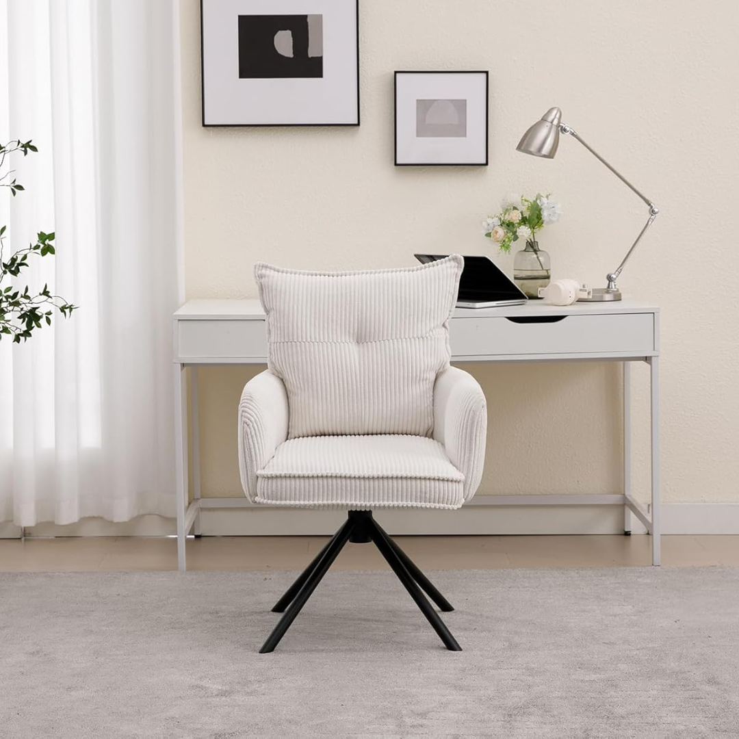 white corduroy swivel desk chair without wheels in home office
