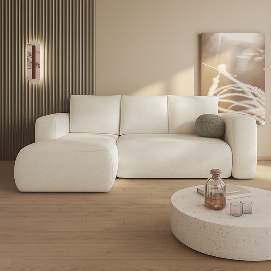 Cream L-Shape Modern Boucle Corner Sofa, set in a modern home.