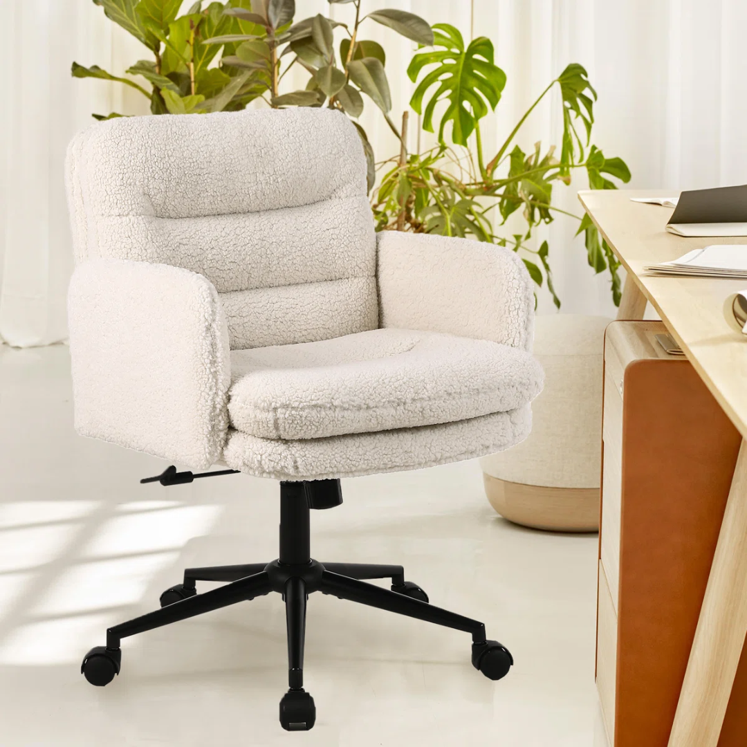 Cream Boucle Swivel Office Chair