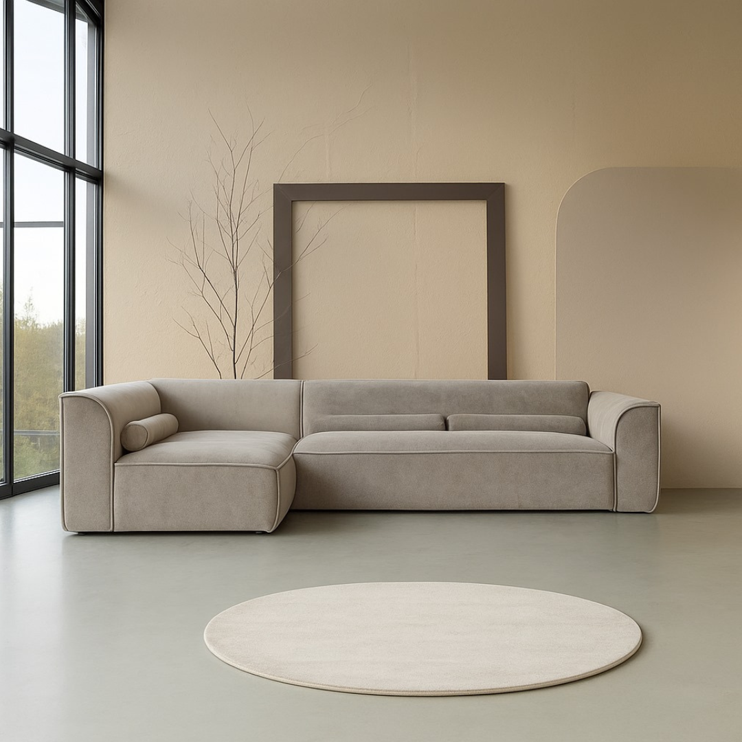 Dark Beige Contemporary Sofa Sectional Modular, front view in a modern home.
