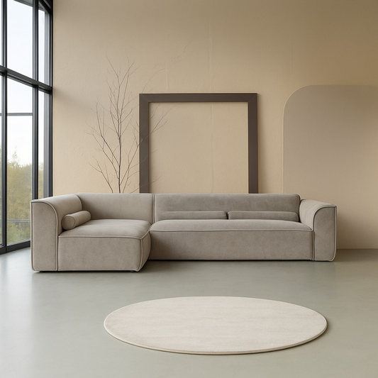 Dark Beige Contemporary Sofa Sectional Modular, front view in a modern home.