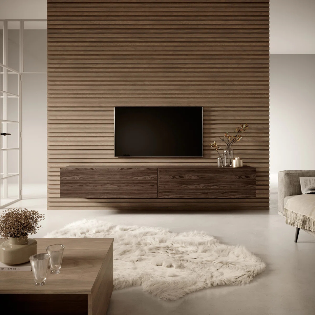 Dark Brown Floating Wall Unit, against modern panelling, in a cotemporary home, front view.