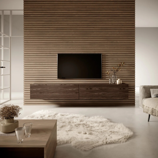 Dark Brown Floating Wall Unit, against modern panelling, in a cotemporary home, front view.