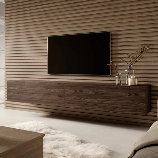 Dark Brown Floating Wall Unit, against modern panelling, in a cotemporary home, angled view.