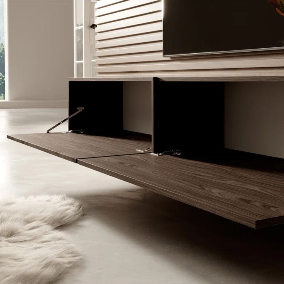 Dark Brown Floating Wall Unit, close up to open drawers.