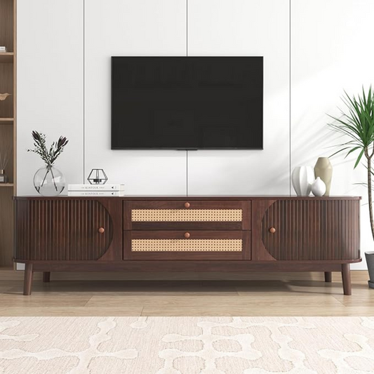 Dark Brown Scandinavian TV Stand, set in a modern home, with tv, front view.