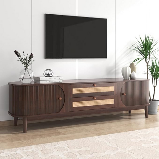 Dark Brown Scandinavian TV Stand, set in a modern home, with tv, angled view.