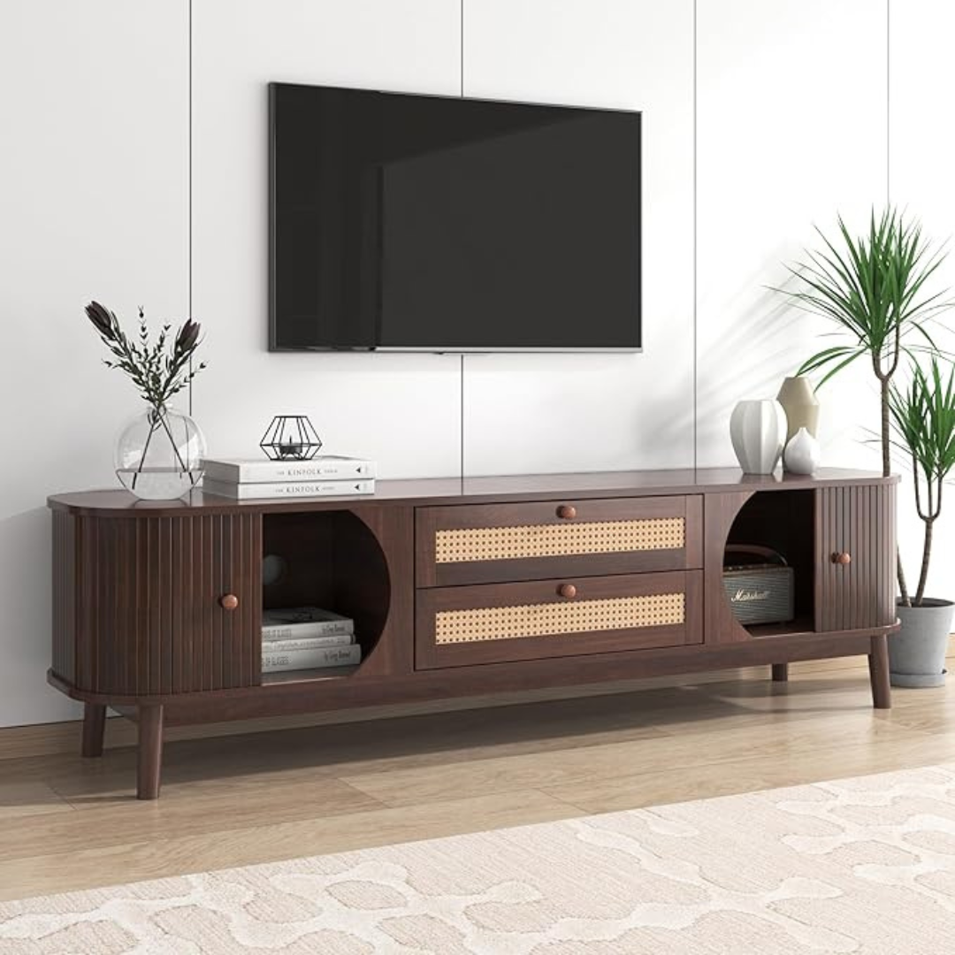 Dark Brown Scandinavian TV Stand, set in a modern home, with tv, angled view with doors open.