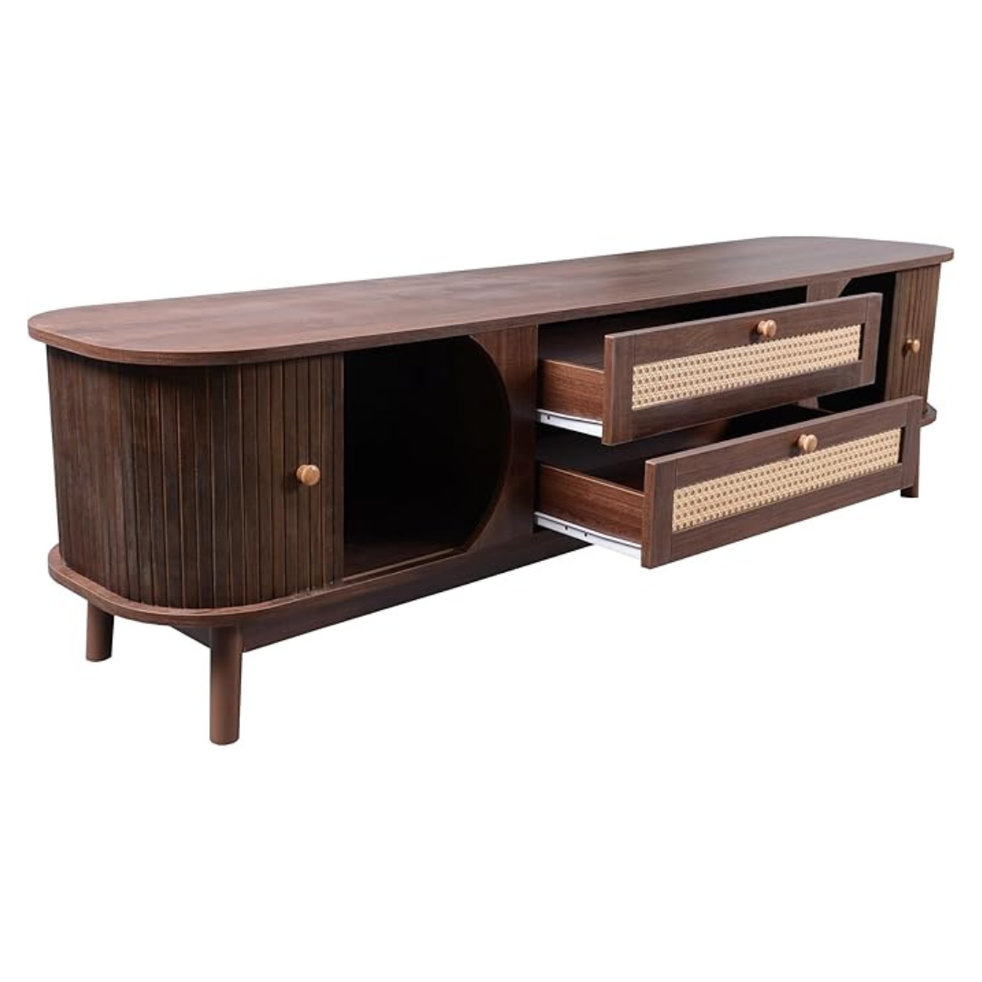 Dark Brown Scandinavian TV Stand, with drawers and doors open, white background.