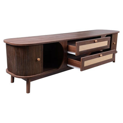 Dark Brown Scandinavian TV Stand, with drawers and doors open, white background.
