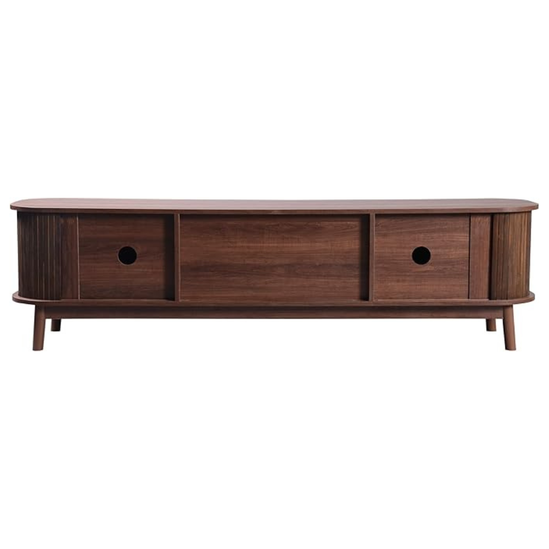Dark Brown Scandinavian TV Stand, back view, white background.