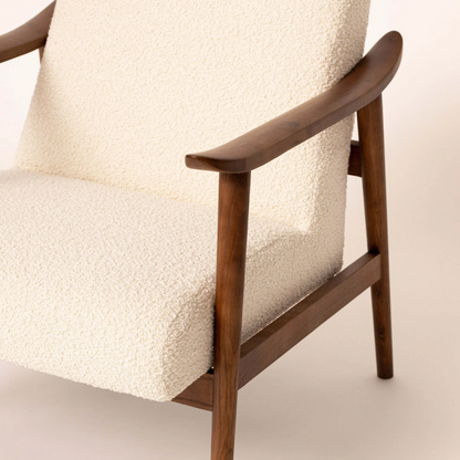Dark Wood Boucle Modern Mid Century Armchair close up of the boucle fabric