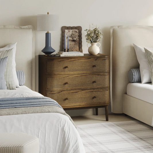 Dark Wood Rattan French Style Chest Of Drawers