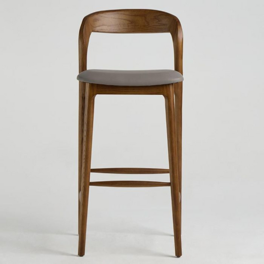 Dark Wooden Kitchen Bar Stool With Back front view against a white background