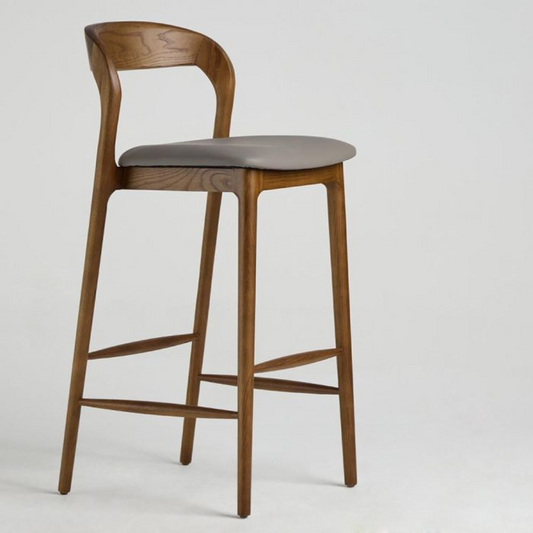 Dark Wooden Kitchen Bar Stool With Back side view against a white background