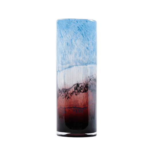 Tall cylindrical glass with blue and red gradient on a white background