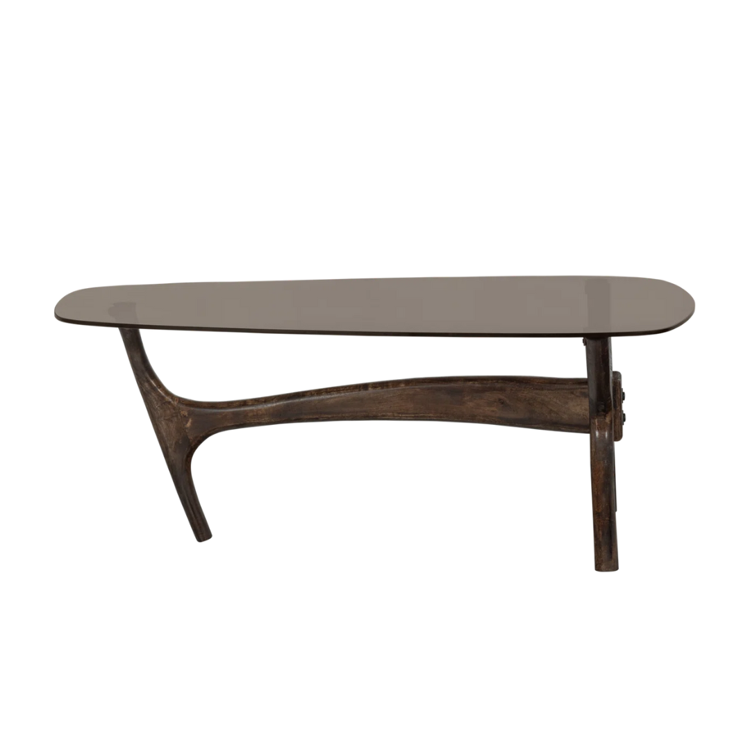 Modern coffee table with a dark brown finish on a white background