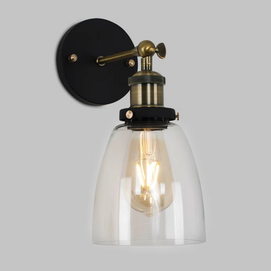 Wall-mounted light fixture with clear glass shade and brass accents on a gray background