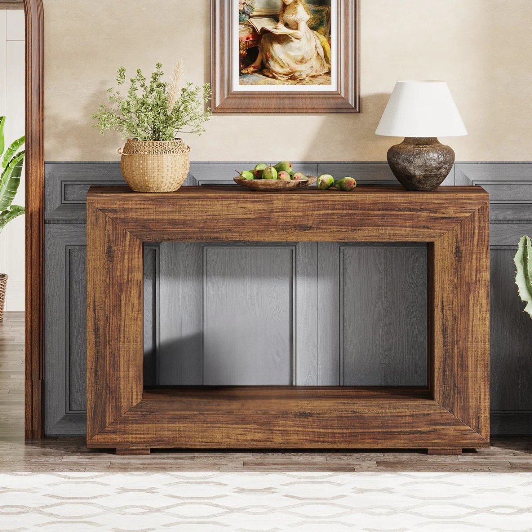 Frame Design Wooden Rustic Console Table, with panelled background in a traditional home.