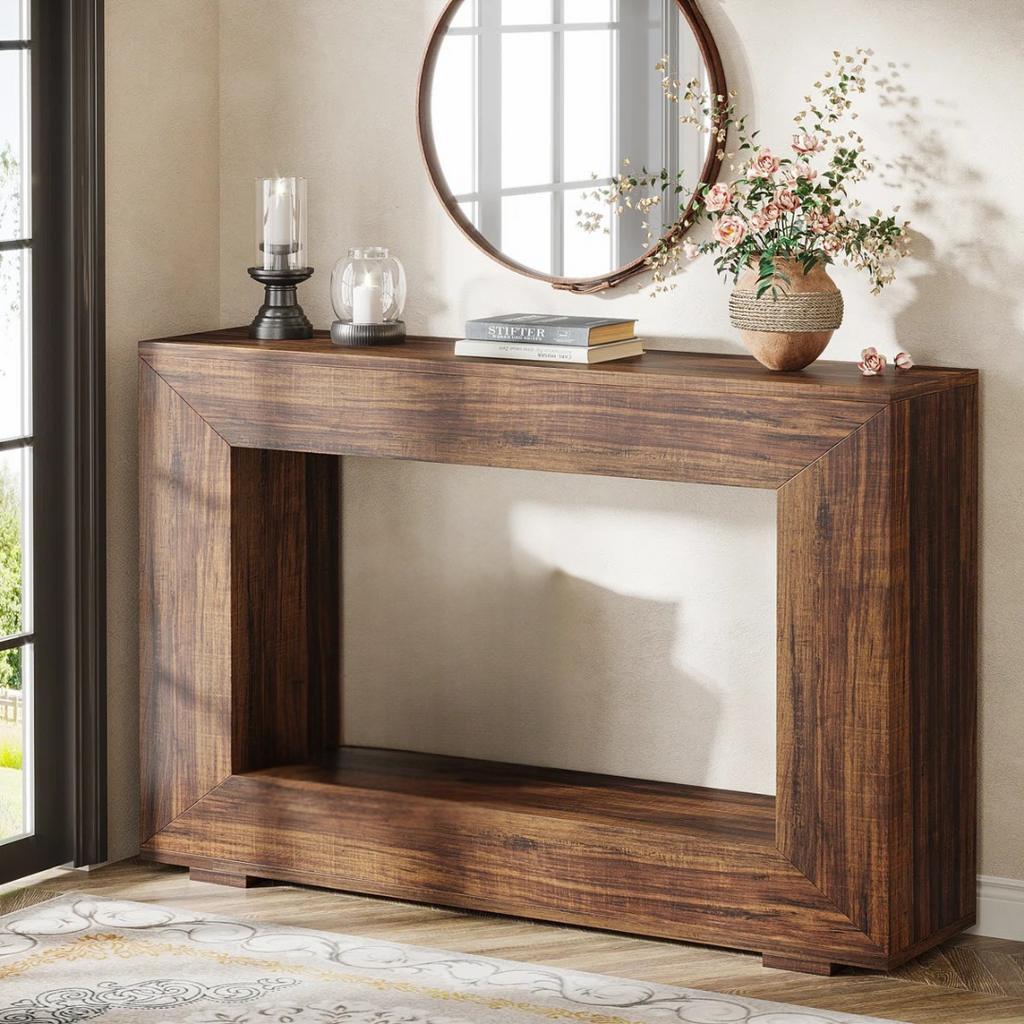 Frame Design Wooden Rustic Console Table, angled view in a model home.
