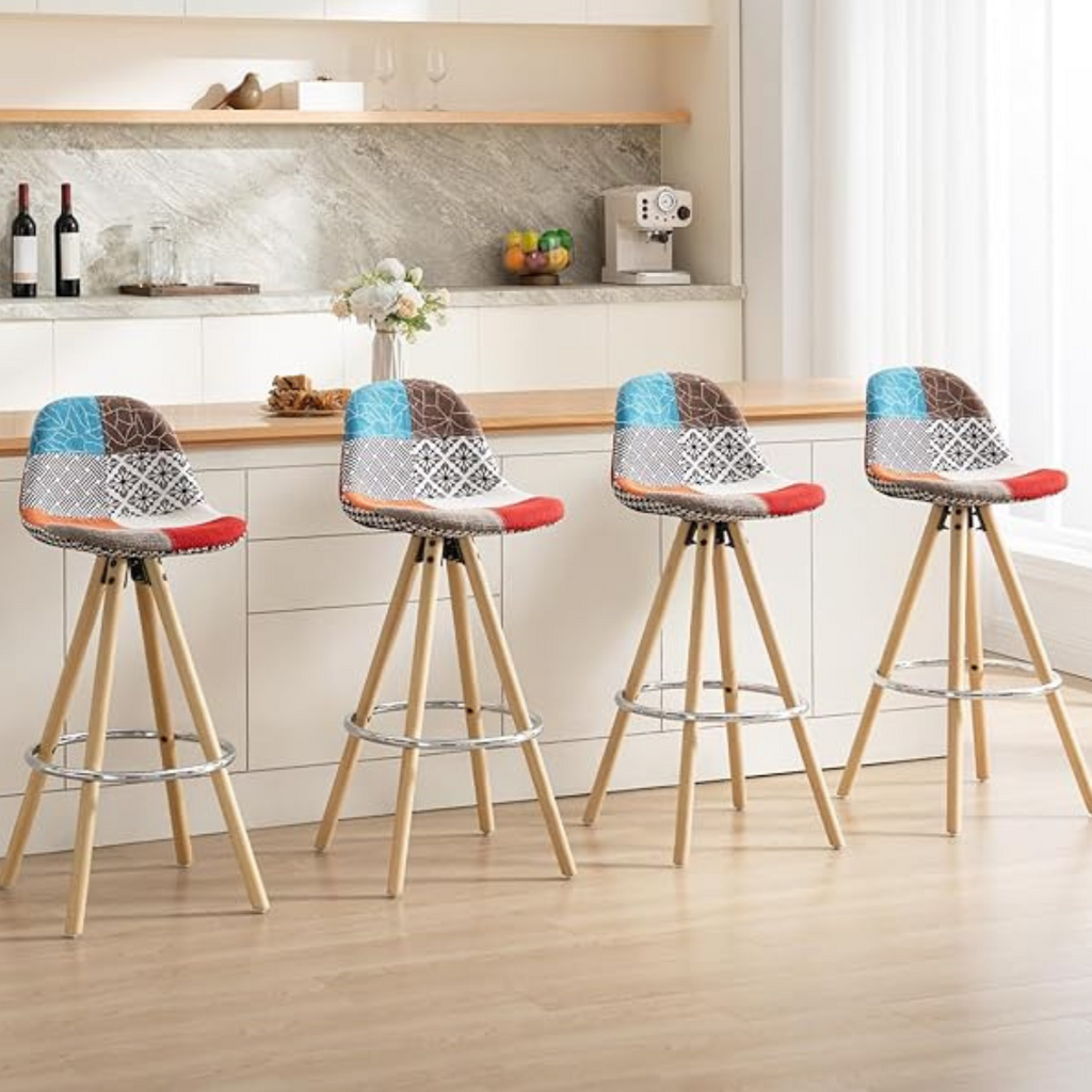 Funky Colourful Patchwork Barstool Chairs Set Of 4 in a modern kitchen.